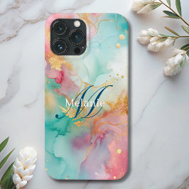 青モダン色金ゴールド水彩モノグラム iPhone 13 PRO MAXケース
