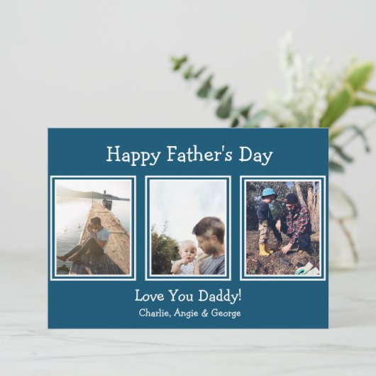 青モダン色3枚フォトハッピーお父様の日 シーズンカード (スタンド正面)