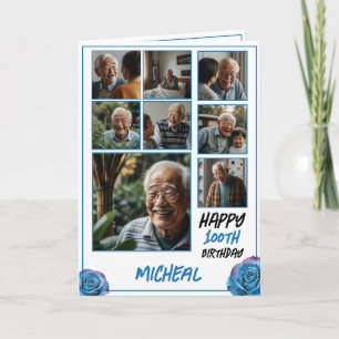 青モダン色8フォトコラージュ100誕生日 カード