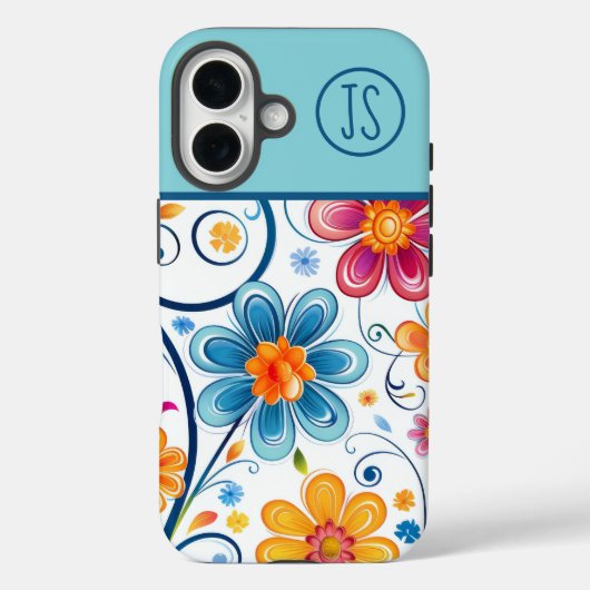 青モダン色、ピンク、黄色の花モノグラムの Case-Mate iPhoneケース (裏面)
