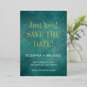 青モダン色、唯一の愛、日付を保存 箔招待状 (立ち正面)