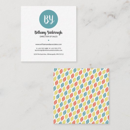 青モダン色、珊瑚および黄葉色のビジネスカード スクエア名刺 (正面/裏面)