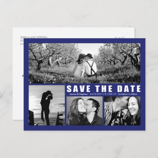 青モダン色Collage 4フォトポストカードの日付を保存 案内ポストカード (正面/裏面)
