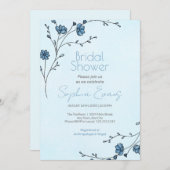 青モダン花ライトブルーブライダルシャワー 招待状 (正面/裏面)