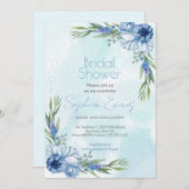 青モダン花ライトブルーブライダルシャワー 招待状 (正面/裏面)