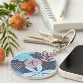 青モダン花柄ピンクモノグラム キーホルダー (正面右)