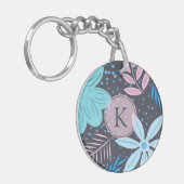 青モダン花柄ピンクモノグラム キーホルダー (正面左)