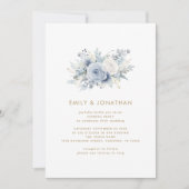 青モダン花模様金ゴールドQR結婚の夕べパーティー 招待状 (正面)