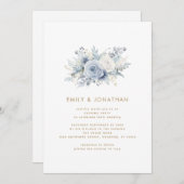 青モダン花模様金ゴールドQR結婚の夕べパーティー 招待状 (正面/裏面)