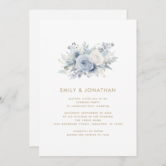 青モダン花模様金ゴールドQR結婚の夕べパーティー 招待状 (正面/裏面)