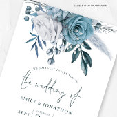 青モダン花模様QRコー結婚ド 招待状