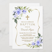 青モダン花金ゴールドクロスフレームボーイバプテスマ 招待状 (正面/裏面)