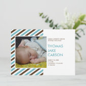 青モダン茶ストライプベビー誕生の発表 案内状 (スタンド正面)