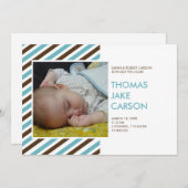 青モダン茶ストライプベビー誕生の発表 案内状 (正面/裏面)