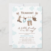 青モダン茶色の小さなカウボーイ赤ちゃんシャワー 招待状 (正面)