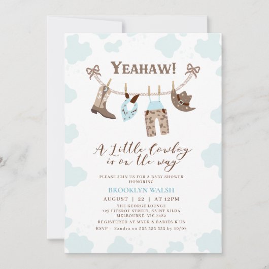 青モダン茶色の小さなカウボーイ赤ちゃんシャワー 招待状 (正面)