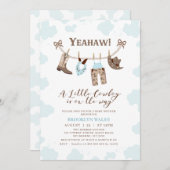 青モダン茶色の小さなカウボーイ赤ちゃんシャワー 招待状 (正面/裏面)