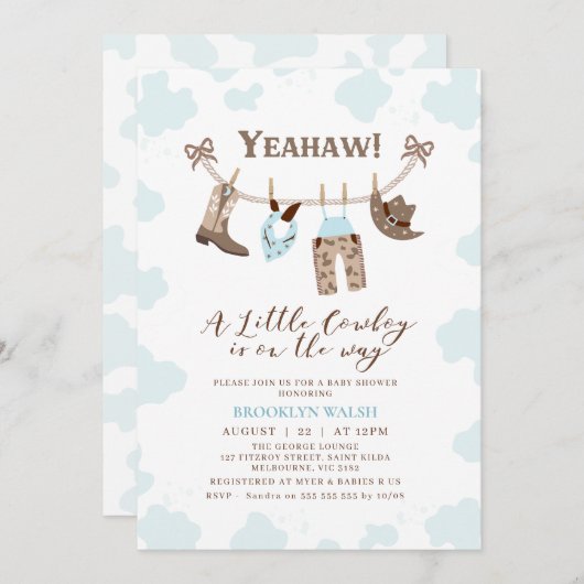 青モダン茶色の小さなカウボーイ赤ちゃんシャワー 招待状 (正面/裏面)