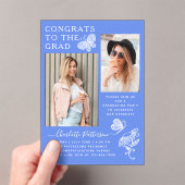 青モダン蝶の写真卒業パーティー アクリル招待状 (インサイチュ (ポータブル))