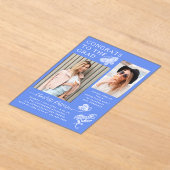 青モダン蝶の写真卒業パーティー アクリル招待状 (レイダウン)