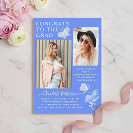 青モダン蝶の写真卒業パーティー アクリル招待状