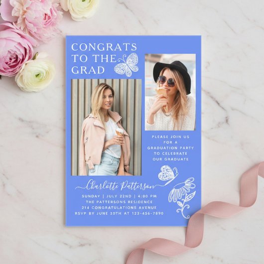 青モダン蝶の写真卒業パーティー アクリル招待状