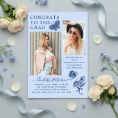 青モダン蝶の写真卒業パーティー アクリル招待状