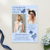 青モダン蝶の写真卒業パーティー アクリル招待状