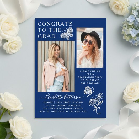 青モダン蝶の写真卒業パーティー アクリル招待状