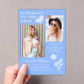 青モダン蝶の写真卒業パーティー アクリル招待状 (インサイチュ (ポータブル))