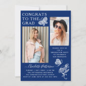 青モダン蝶の写真卒業パーティー 招待状 (正面)