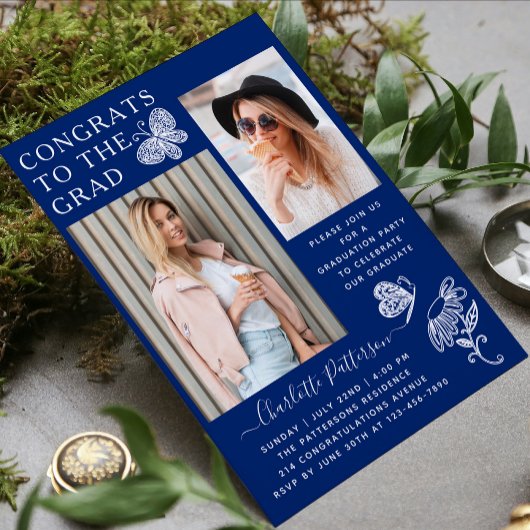 青モダン蝶の写真卒業パーティー 招待状