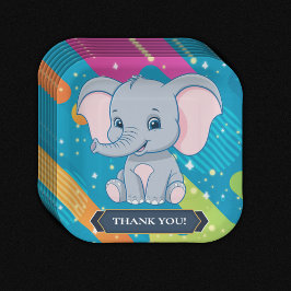 青モダン象カラフルの赤ちゃんシャワー ペーパープレート