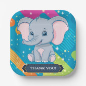 青モダン象カラフルの赤ちゃんシャワー ペーパープレート (正面)