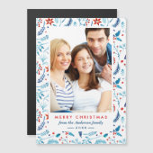 青モダン赤の果実のパターンのクリスマスフォト (正面/裏面)