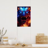 青モダン赤ファンタジードラゴン白熱［赤熱］光を放つグラフィック ポスター (キッチン)