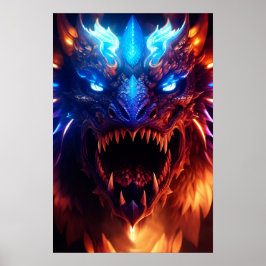 青モダン赤ファンタジードラゴン白熱［赤熱］光を放つグラフィック ポスター