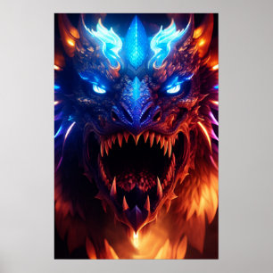 青モダン赤ファンタジードラゴン白熱［赤熱］光を放つグラフィック ポスター
