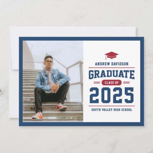 青モダン赤写真卒業 案内状 (正面)