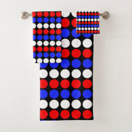 青モダン赤白点々のあるストライプ バスタオルセット