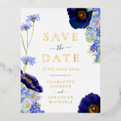 青モダン野の花の水の色結婚の金ゴールド 箔招待状ポストカード (正面)