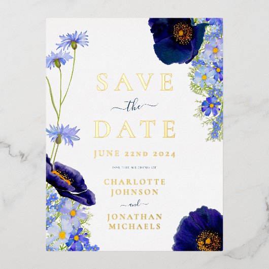 青モダン野の花の水の色結婚の金ゴールド 箔招待状ポストカード (正面)