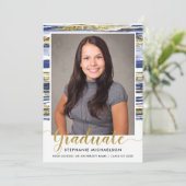 青モダン金ゴールドグリッターブラシ画卒業 案内状 (スタンド正面)