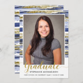 青モダン金ゴールドグリッターブラシ画卒業 案内状 (正面/裏面)