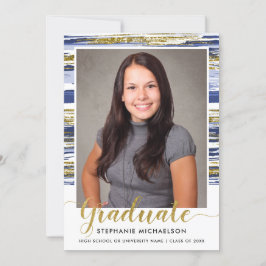 青モダン金ゴールドグリッターブラシ画卒業 案内状