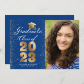 青モダン金ゴールドスクリプトキャップグリッターフォトグラード 案内状 (正面/裏面)