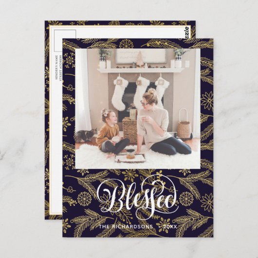 青モダン金ゴールドパインエレガントボー賛美ク ポストカード (正面/裏面)