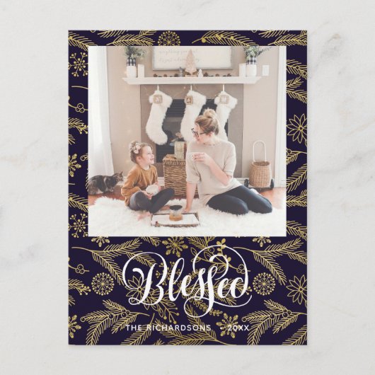 青モダン金ゴールドパインエレガントボー賛美ク ポストカード (正面)