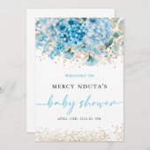 青モダン金ゴールドフローラ赤ちゃんシャワー歓迎サイン 招待状 (正面/裏面)