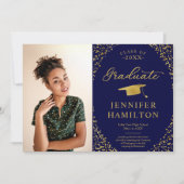 青モダン金ゴールド写真卒業のお知らせ 招待状 (正面)